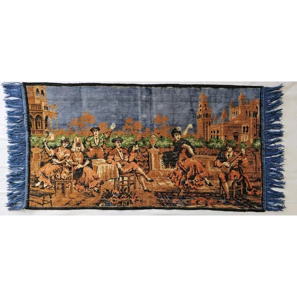 Vintage Spanish Woven Tapestry Table Runner • Flamenco Musicians Fringe • 40.5" - Picture 3 of 12